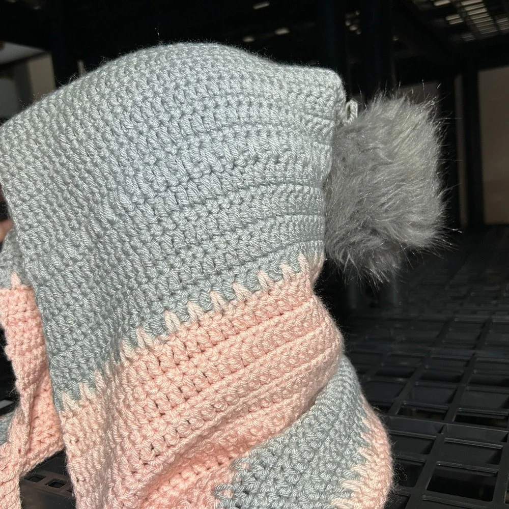 Handmade Crochet Hooded Scarf with Pockets Pink Grey Pom Pom Scoodie Wrap Winter